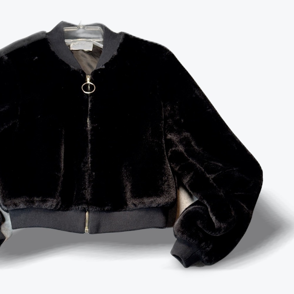Seek The Label Faux Fur Bomber Jacket XS Black Cropped Ring Pull Zip Up - Picture 2 of 8
